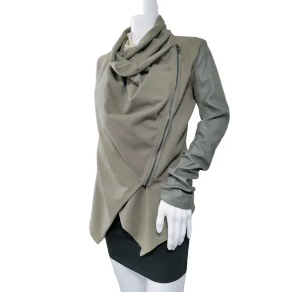 Blank NYC Faux Suede Leather Draped Moto Asymmetrical Jacket Green XS - Picture 2 of 15